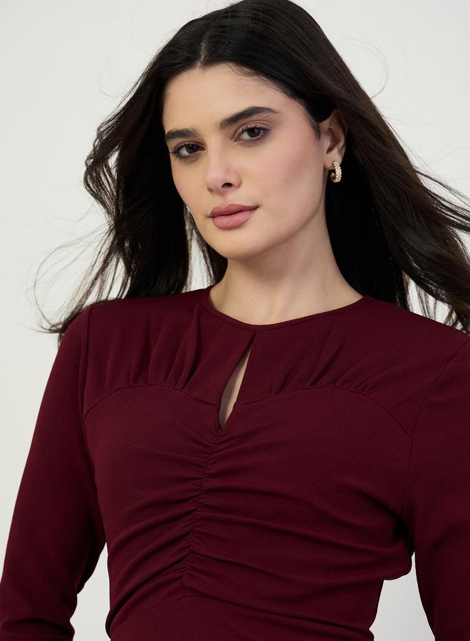 Styli Women Burgundy Long Sleeves A-Line Midi Dress - Image 4